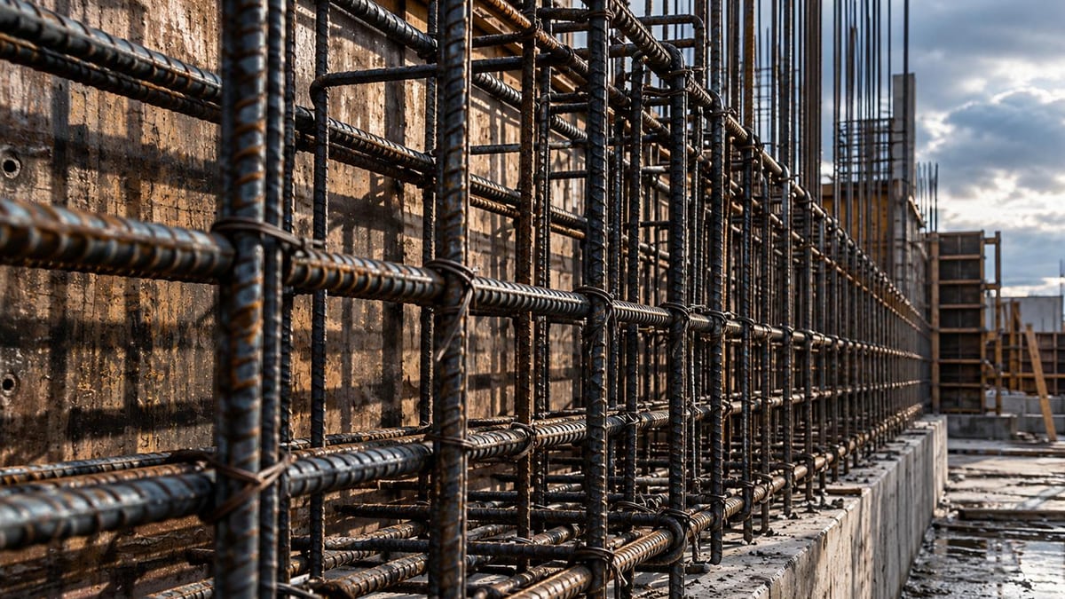 Konstrukcja żelbetowa stropu z systemem szalunek i podpór wspierających betonową płytę podczas wiązania.